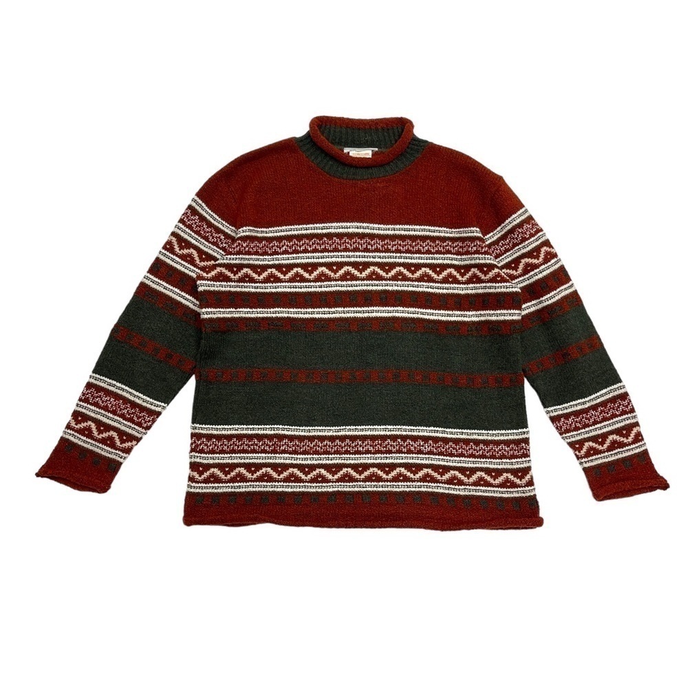 Vintage grandma knitted sweater size L red, grey, white retro nordic pattern
